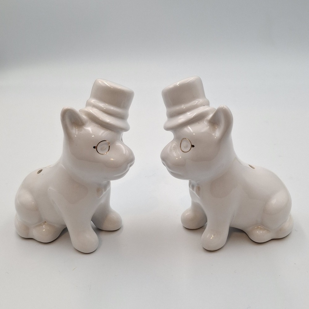 Vintage British Bulldog Salt Pepper Shakers Goldenโ Monocle Gentelmen Top Hat